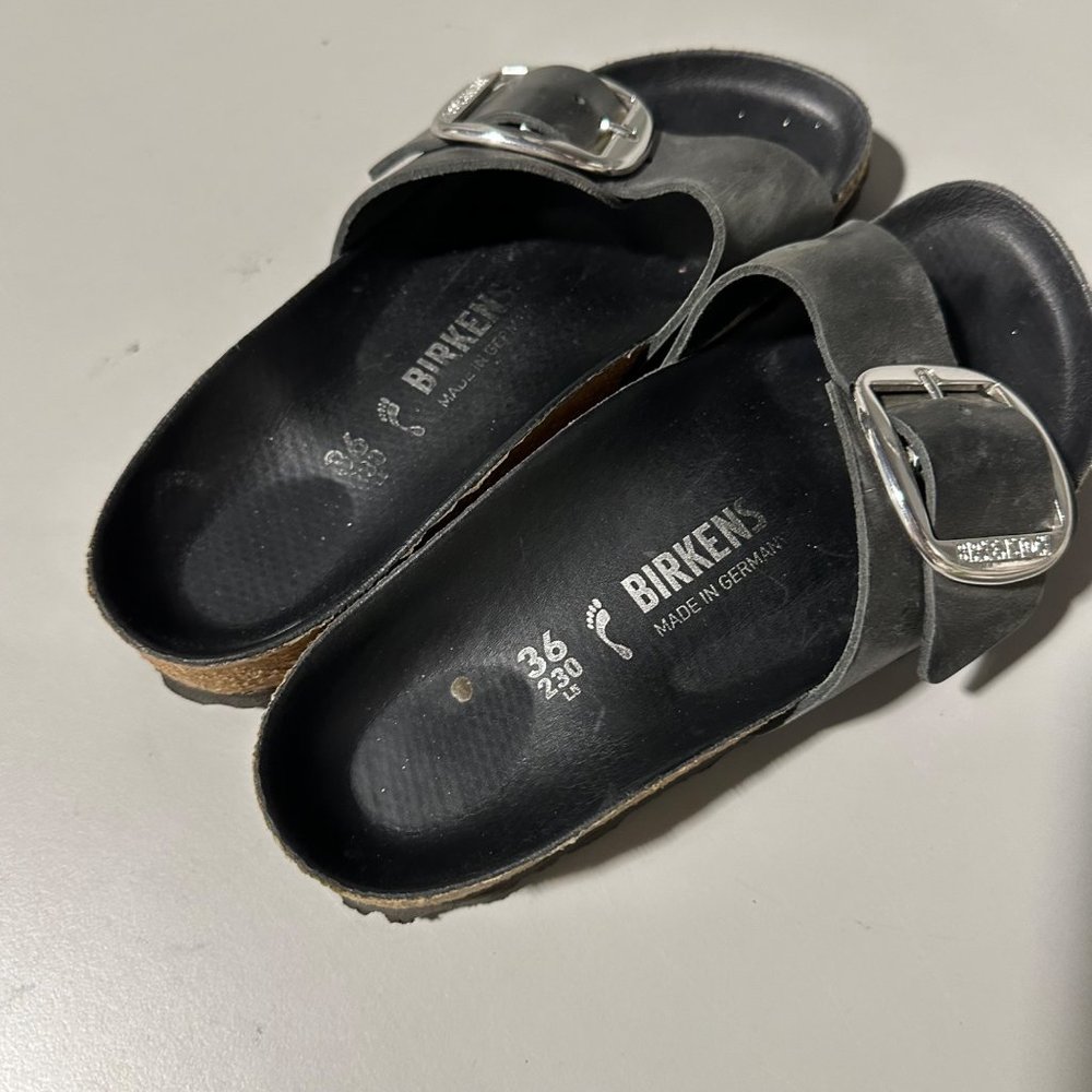 Birkenstock Black Single Strap Slide Sandal with Silver Buckle - Picture 4 of 7